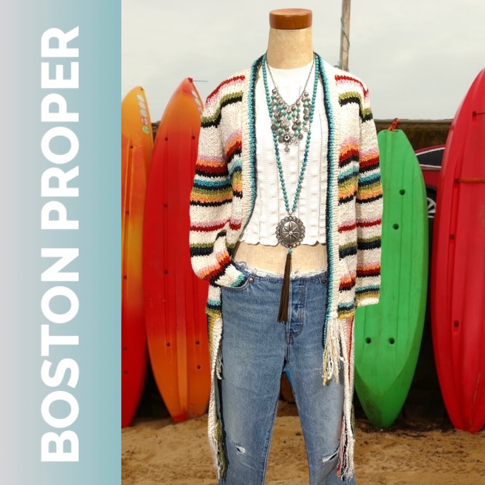 “Boston Proper” rainbow stripe knit sweater cardigan with fringe- XS